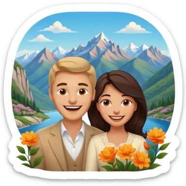 Couple  laughing traveling russian man and elegant  Latina girl delicate flowers and mountains in the background  sticker