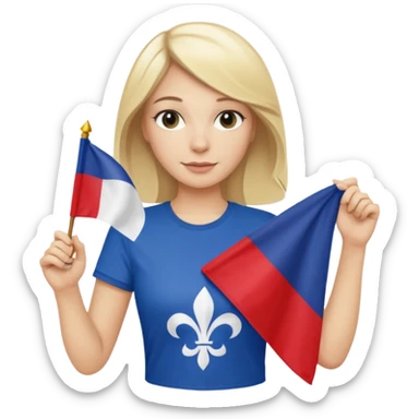 White woman with blonde hair holding a French flag in hand with a fleur-de-lily t-shirt sticker