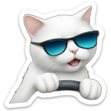 White cat with sunglasses driving a car sticker
