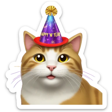 Cat wearing new years eve Party hat with happy new year sticker