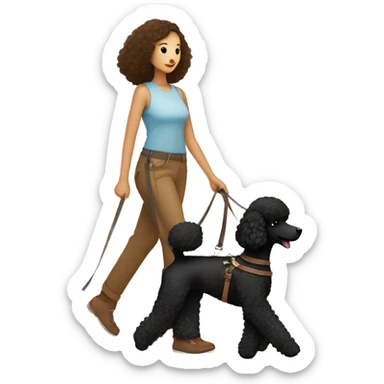 3 legs One Small unshaved Black Poodle with brown harness is walking with Korean girl sticker