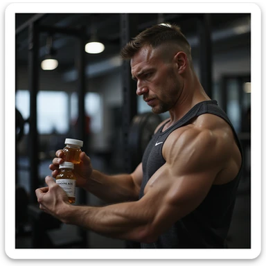 realistic muscular powerlifter in gym, looking at a bottle of anabolic steroids (AAS) with indecisive and reflective expression, wearing sportswear, isolated on white background sticker