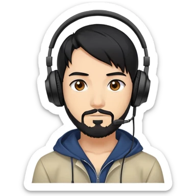 Anime-style man with black hair, brown eyes, black beard wearing gaming headphones, anime character design sticker