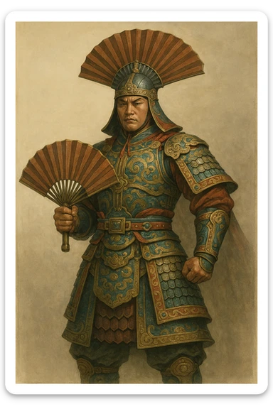 a CNFans warrior, inspired by traditional Chinese armor, with a fan-shaped helmet, standing strong, semi-realistic style sticker