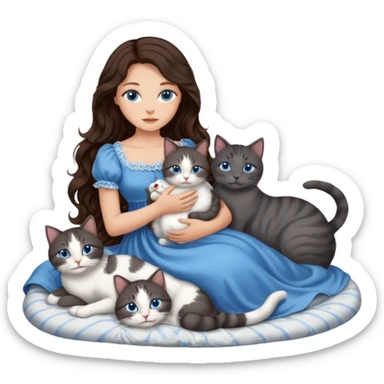 detailed realistic looking a dark grey and white cat regally laying with six other cats, cuddling with their owner in bed who is a pretty bratz lightly tanned white girl with long dark brown hair, blue eyes and gorgeous long wavy hair wearing a pretty detailed dress sticker