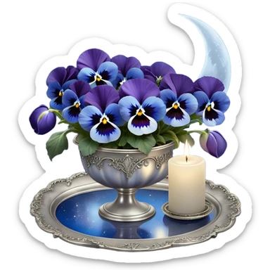 A mesmerizing nighttime scene featuring a cluster of vibrant blue pansies bathed in soft moonlight. In the background, a luminous silver crescent moon hangs low in the sky, partially veiled by delicate wisps of mist. A round, decorative candle in a shimmering pearl color rests on an ornate silver tray, its gentle glow casting flickering reflections on the surrounding petals. Tiny fireflies dance in the air, adding an ethereal touch, while a few scattered crystals glisten among the flowers. sticker