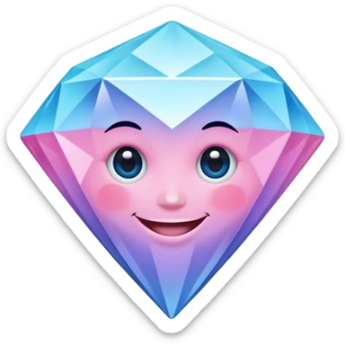A cheerful diamond logo with a black outline and a smiling face, set against a pastel gradient of pink, blue, and lavender. Smaller diamonds surround it, forming a larger diamond pattern. Playful yet sleek, perfect for branding, digital media, or a fun, eye-catching emblem. sticker