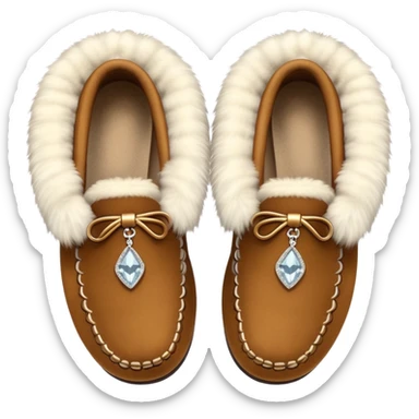 brown moccasins with diamond design and fluffy fur sticker