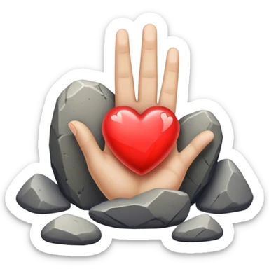 A glowing heart-shaped rock lying on a sidewalk, partially hidden among other stones. A hand is reaching toward it, as if discovering a sign meant just for them. —meaningful signs appearing when you open your mind to them. sticker