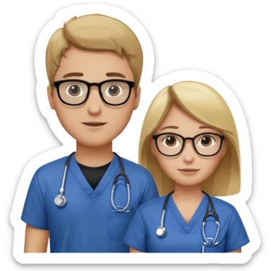 Woman with brown hair and glasses in Scrubbs next to a man with blonde hair and a black shirt sticker