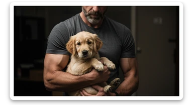 Photo of a musculated man holding puppy golden retriver, low key light sticker