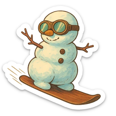 ghibli style snowman with goggles snowboarding sticker