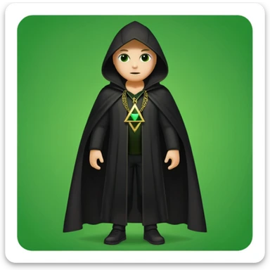 illuminati shadow figure standing in black cloak with gold triangle necklace, green background sticker