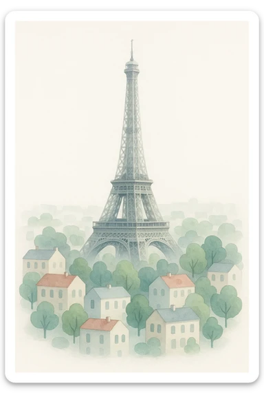 Isometric illustration of Paris, featuring the photorealistic Eiffel Tower surrounded by small Parisian buildings and trees, highly detailed in semi-realistic style sticker