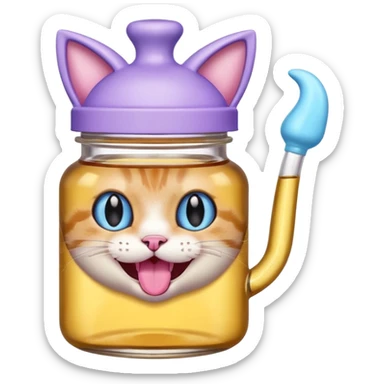 Smiling bottle of oil light purple top and light blue sticking tongue out and with cat ears sticker