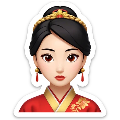 Cinematic Realistic Noble Mulan Portrait, depicted with lifelike, warm light-toned skin that reveals subtle texture and natural shadows. Her sleek black hair is intricately styled into a traditional bun with every strand rendered in exquisite detail, and her almond-shaped eyes, full of quiet resolve, are softly illuminated. She wears a meticulously detailed traditional robe with delicate red and gold accents, its rich fabric textures and gentle folds catching the light beautifully. The portrait radiates a natural, enchanting glow, capturing Mulan’s inner strength and timeless grace in a realistically painterly style. sticker