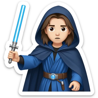 A teenager with long hair that is mad and tired dressed in a cloak with a blue lightsaber sticker