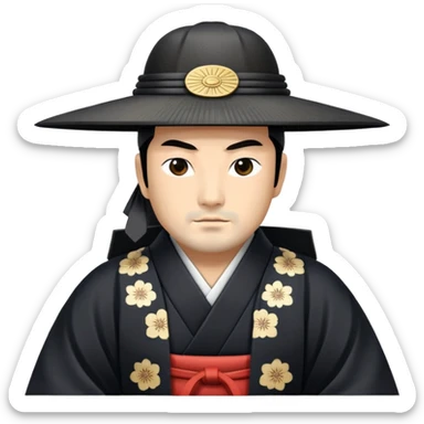 Edo period Japanese shogun, long black kimono, eboshi hat sticker
