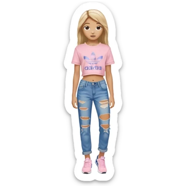 preppy teenage girl, tan, blonde highlights, brown long hair, long eyelashes, beach aesthetic, wearing cute clothes, sexy, wearing ripped blue long baggy jeans with a light pink revealing crop top, wearing Somba Adidas sticker