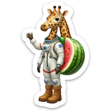 a round watermelon body with only the head of a giraffe sticking out, wearing brown boots and an astronaut helmet sticker