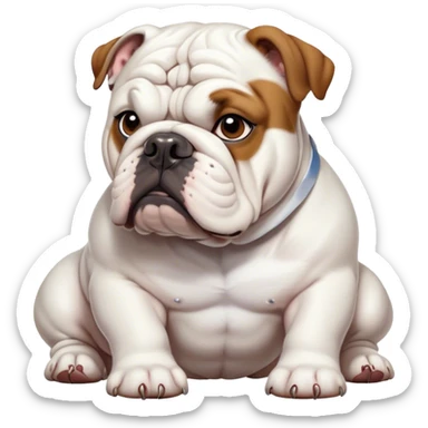 Cinematic Noble White English Bulldog Portrait Emoji, Poised and regal, with a sturdy, muscular build and a pristine, well-groomed pure white coat, deep-set soulful brown eyes, Simplified yet sharp and sophisticated features, highly detailed, glowing with a soft, dignified glow, high shine, intelligent and resolute, stylized with an air of authority, focused and attentive, soft glowing outline, capturing the essence of a watchful and confident guardian, so majestic it feels as though it could lumber out of the screen with effortless authority! sticker