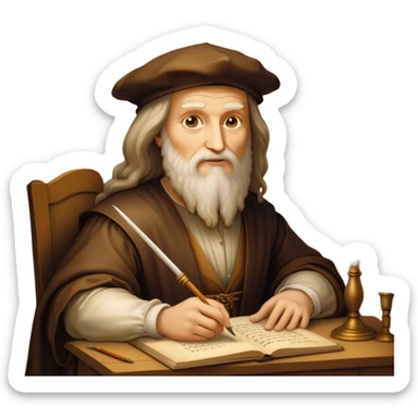 Cinematic Realistic Leonardo da Vinci Portrait Emoji, depicted as the quintessential Renaissance polymath with deep, thoughtful eyes, a flowing beard, and a quill or sketchbook in hand. The scene is illuminated with warm, classical lighting, evoking the atmosphere of a master artist’s workshop, surrounded by early sketches of inventions and masterpieces like the Mona Lisa. sticker
