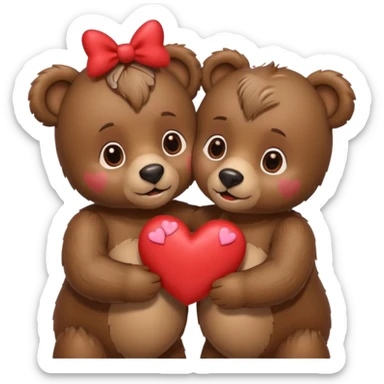 female bear with bow on her head and male bear hugging, couple, surrounded by hearts, playful and loving, cute sticker