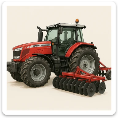 A detailed and recognizable Massey Ferguson tractor with a Disc Harrow attached, side view, clean background, realistic farm equipment illustration. sticker
