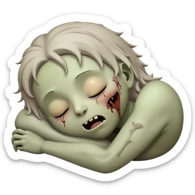 Meme-Worthy Cute Sleeping Zombie Portrait Emoji, with a delightfully quirky, slightly disheveled decaying face in soft ashen hues, head tilted back in peaceful, relaxed sleep with softly closed eyes and a tiny, endearing smile, simplified yet irresistibly charming, highly detailed with a soft eerie glowing outline that captures the gentle, unexpected cuteness of a zombie in serene repose! sticker