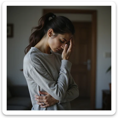 woman standing with curved posture, tired face, dark circles, lowered shoulders, expression of chronic fatigue, hyperrealistic style, realistic details, 4K quality, domestic environment sticker