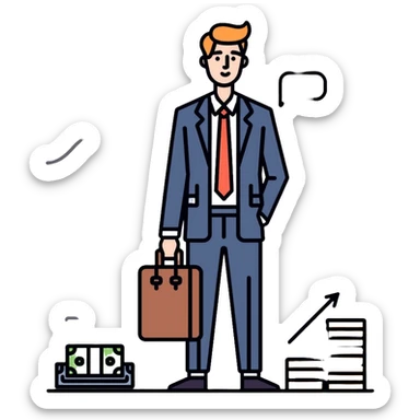 Finance expert businessman with briefcase, stock market chart, and money sticker