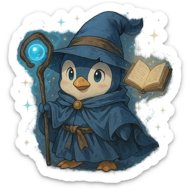Enhance the anime style penguin wizard to appear more magical by adding glowing effects, sparkles, and a floating spellbook around it. Keep the background transparent to highlight the magical elements. sticker
