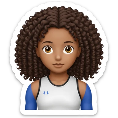 Uma boneca morena escura com olhos castanhos e cabelo cacheado longo até o peito, treinando Gym sticker