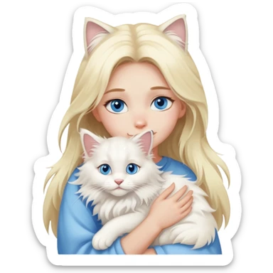 blonde girl blue eyes hugging a white Maine Coon sticker