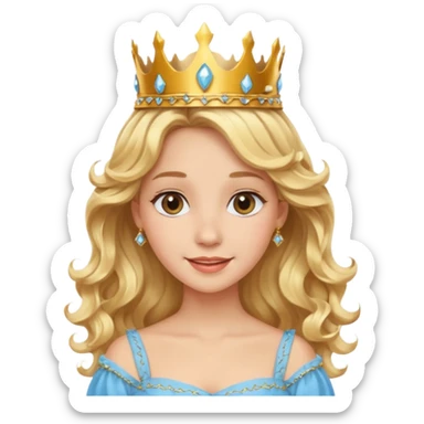 Cheerful blonde princess with wavy hair and light blue dress, wearing crown sticker