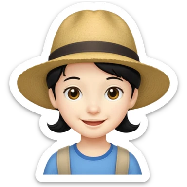 very small tourist kid with big hat and black hair sticker