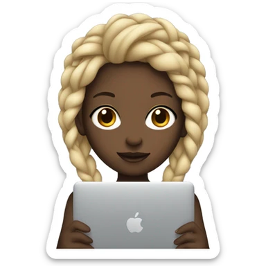 Dark skinned girl with blonde braids holding a macbook sticker