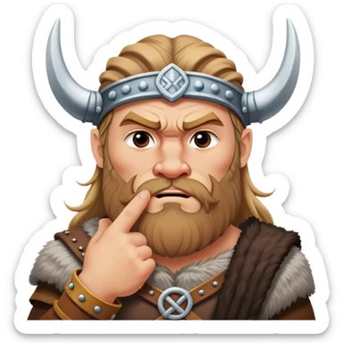 surprised viking face with furrowed eyebrows looking upwards with thumb and index finger resting on its chin. sticker