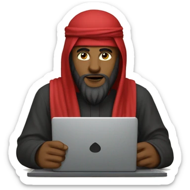 A caliph with red clothes writing in a laptop sticker