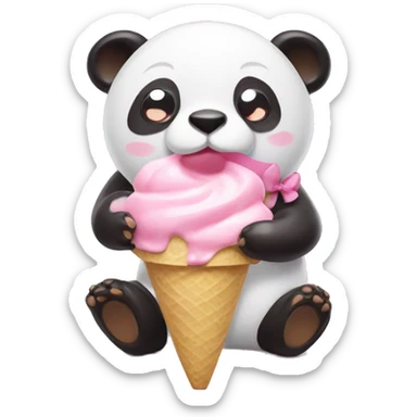 pink panda with bows eating vanilla ice cream sticker