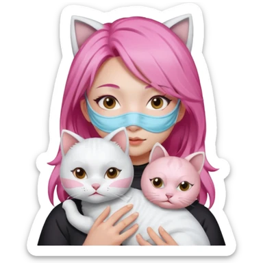Asian girl with pink hair mask sheet whole face with a white cat sticker