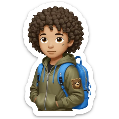 blasian teenager with curly hair, andbape hoodie and sprayground backpack sticker