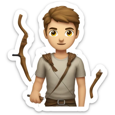 a male archer aiming with a bow looking at his target, wearing a tshirt, brown hair, bright skin, sticker