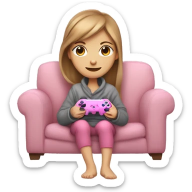 White girl with light brown hair wrapped up in a blanket sitting on a couch with a pink gaming controller in her hands sticker