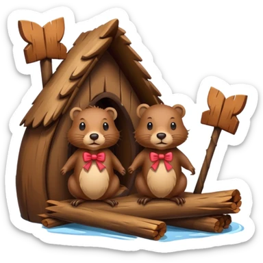 a beaver couple, one a female with a bow on her head in a beaver home made of sticks and logs sticker
