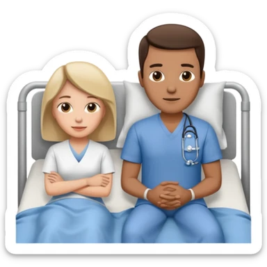 husband in plainclothes sitting beside hospital bed of wife sticker