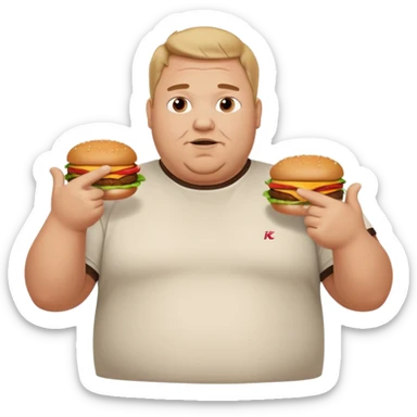 A very fat guy in an Alex Zero T-shirt, holding burgers, giving likes and dislikes, and pointing at KFC. sticker