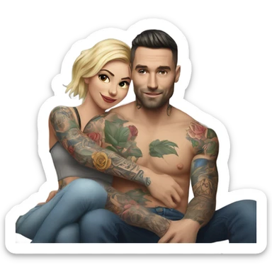 Hyper Realistic beautiful woman in the arms of a very handsome tattooed man on a sofa sticker