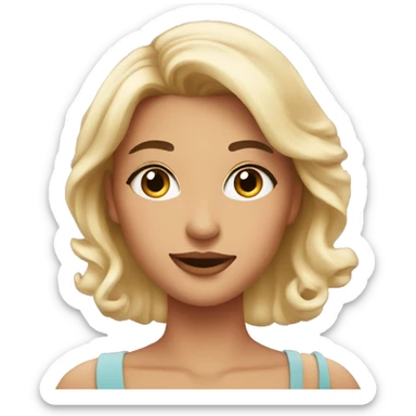 A pretty woman with blusher is pointing to the text next to her sticker