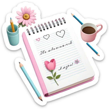 A whimsical notebook, opened, showing poems written with heart and flower Doodles and a  pencil beside it, all sitting on an antique soft wooden table covered on a pastel pink tablet cloth with a whimsical floral print, still life masterpiece, 8k sticker